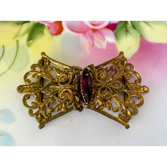 Antique Victorian OrnateBrass Dress Buckle With Ruby Red Glass Stone - Picture 1 of 8